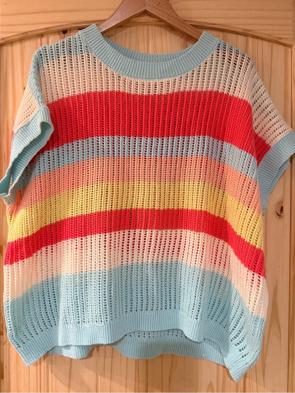 Light Blue Multi-Stripe Open Knit Women's Sweater